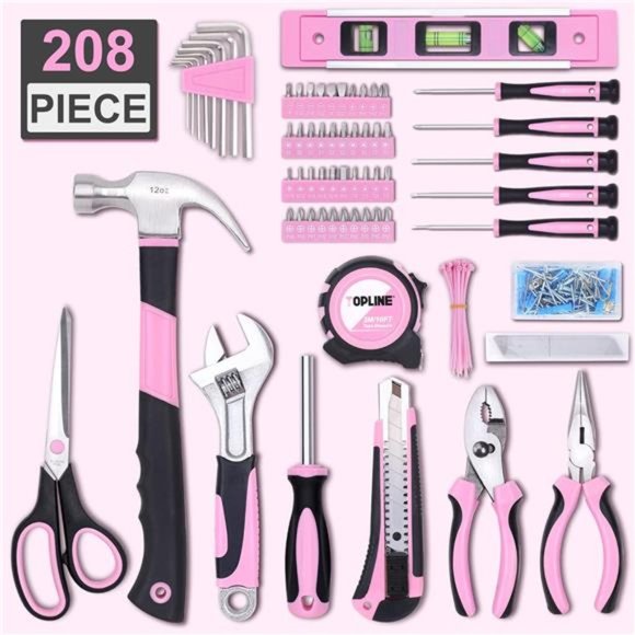 208Piece Pink Tool Kits for Women with Round Pouch,Small Tools Kit for Apartment - Picture 1 of 16